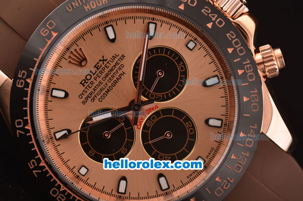 Rolex Daytona Asia 3836 Automatic Rose Gold Case with PVD Bezel - Brown Dial and Brown Rubber Strap - 7750 Coating - Click Image to Close